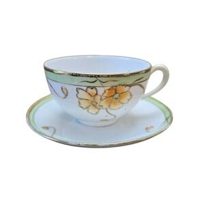 VTG‎ Japan Tea Cup and Saucer Set Floral Gold Gilt Green Trim Porcelain